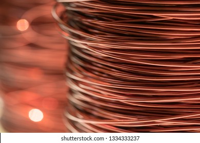 Close Up Of The Bare Bright Copper Wire On The Spool