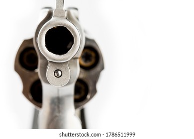 Close Up Of Barrel Revolver Gun On White Background , Concealed Pistol