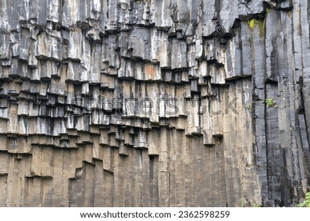 Close up of the basalt columns at Svartifoss Waterfall in Skaftafell National Park with its famous black basalt columns, Iceland