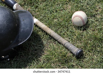 Close Up Of Baseball Bat, Ball And Helmet