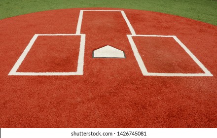 Close Up Of A Baseball Or Softball Field Home Plate And Batters Box