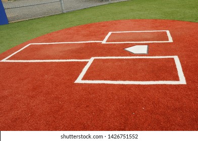 Close Up Of A Baseball Or Softball Field Home Plate And Batters Box