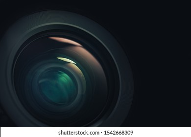 Close Up Beautiful Camera Lens Of Black Background. Macro View.