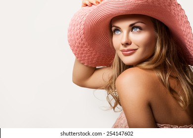 Close up Beautiful Girl, Young Woman Portrait. Attractive Woman Profile. Woman in a Peach Hat on her Head, Beautiful Model Face and Soft Skin. Beauty Portrait of Summer Gi, the Woman's Face           