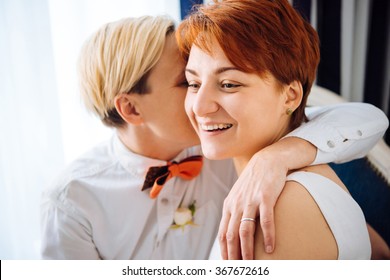 Close Up Of A Beautiful Lesbian Couple. Gay Marriage Concept. Selective Focus