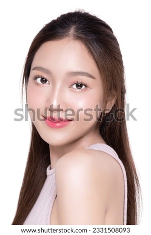 Close up beautiful longhair asian woman model with natural make up and clean fresh skin isolated on white background. Face care, Facial treatment, Cosmetology.