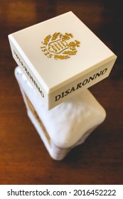 Close Up Of A Beautiful White Disaronno Amaretto Liqueur Bottle