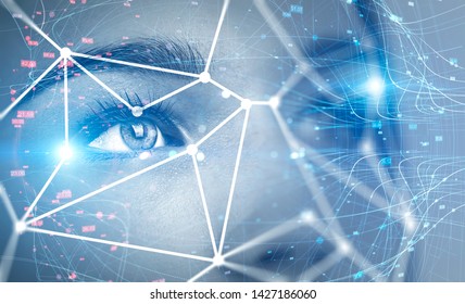 Close Up Of Beautiful Woman Face With Face Recognition Technology Interface And Network Hologram. Concept Of AI And Machine Learning. Toned Image Double Exposure Blurred