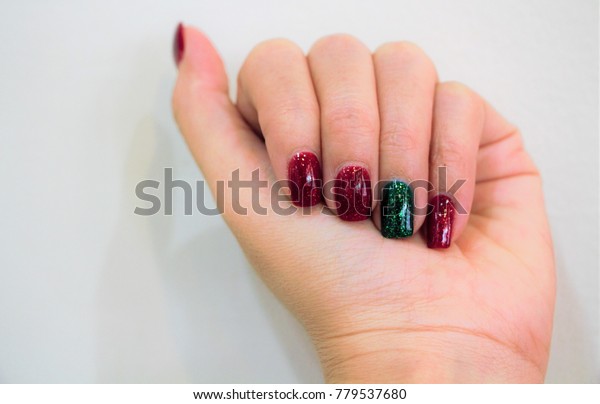 Close Beautiful Woman Hand Red Green Stock Photo (Edit Now