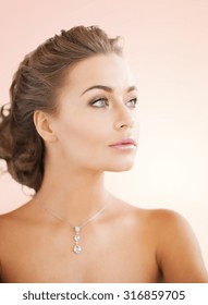 Close Up Of Beautiful Woman Wearing Shiny Diamond Necklace