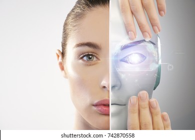 Close up of a beautiful woman's face with half human face and half-face robot with advanced and futuristic technology. Concept of: technology, robotics, the future, progress and science.