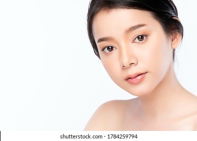 Close Up Beautiful Young Asian Woman With Clean Fresh Skin, On White Background, Face Care, Facial Treatment, Cosmetology, Beauty And Spa, Asian Women Portrait,