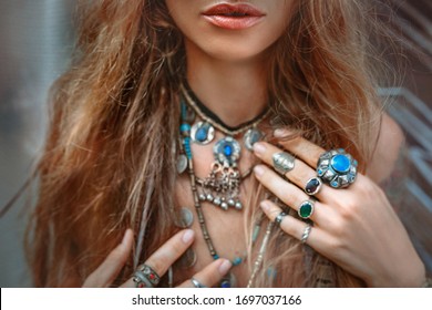 Close Up Of Beautiful Young Gypsy Style Woman Portrait With Gem Stones  Jewelry