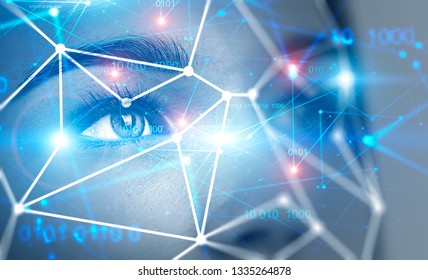 Close Up Of Beautiful Young Woman Face With Face Recognition Mesh And Immersive Binary Interface. Concept Of Hi Tech. Toned Image Double Exposure