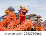 Close up of the beautifully decorated dragon performing its traditional Chinese New Year dragon dance in Liverpool seen in January 2023.