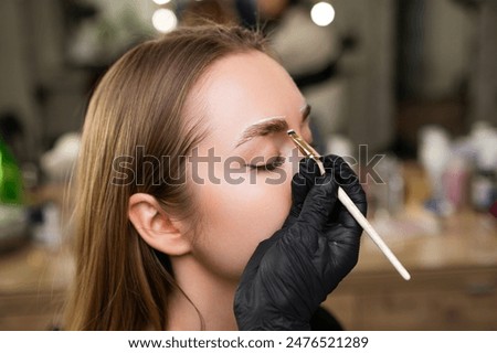 Close up beauty master doing a conturing for brow dying for young lady. 