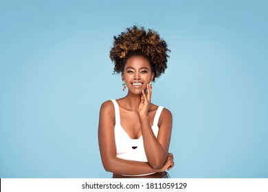 Close Up Beauty Portrait Of A Beautiful African Woman Looking At Camera.