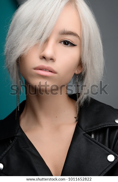 Close Beauty Portrait Blondie Short Dyed Stock Photo Edit