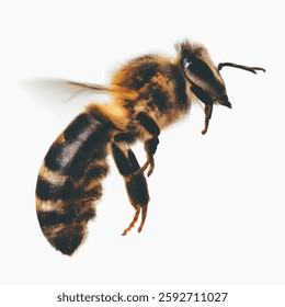 close up of bee flying on white background. Generative AI.