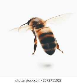 close up of bee flying on white background. Generative AI.