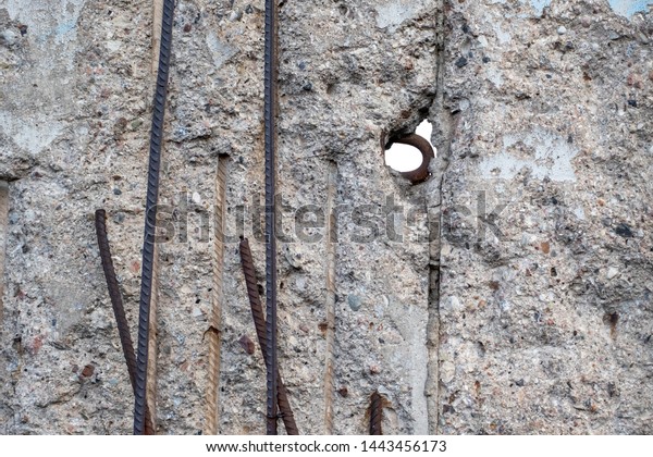 Close up of the Berlin Wall at the Berlin Wall\
Memorial, Berlin, Germany. Segments of the reinforced concrete wall\
have been left as a reminder of events leading up to the fall of\
the wall in 1989.