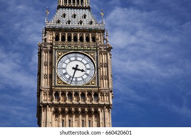 close up of Big Ben Clock Tower Against Blue Sky England United Kingdom
