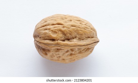 close up big brown raw walnut nut isolated on white background, nuts with hard shell. top view