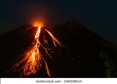 A Close Big Eruption Of A Volcano,  With Fire, Magma And Lava, Close Up.