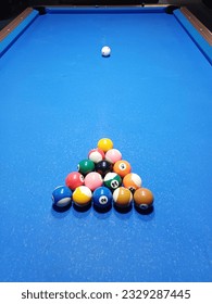 Close up of billiard balls in triangle shape. This is 8 Ball Pool sport, before kickoff