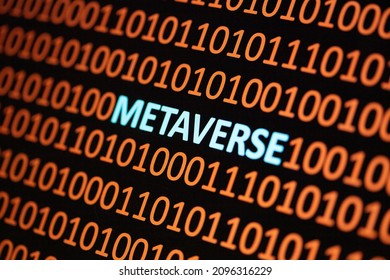 Close up of Binary codes on screen and Metaverse word in the middle - New Decentralized Internet - Smart Contract and Crypto Currency