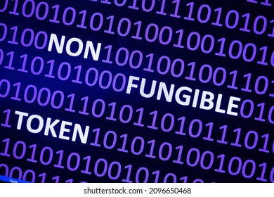 Close up of Binary codes on screen and NFT word in the middle - Non Fungible Token - Smart Contract and Digital Ownership