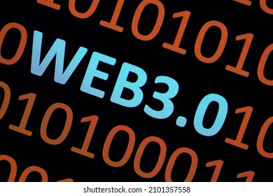 Close up of Binary codes on screen and WEB3.0 word in the middle - New Decentralized Internet - Smart Contract and Digital Ownership