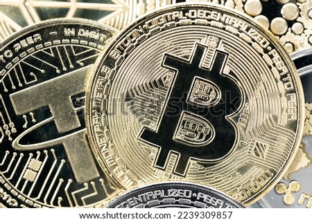 Close up of Bitcoin coin on a variety of crypto coins background  Top view