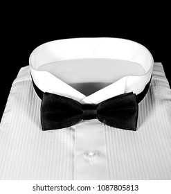 Close Up Of Black Bow Tie On Formal Tuxedo Shirt