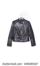 Close Up Black Leather Jacket On Hanging
