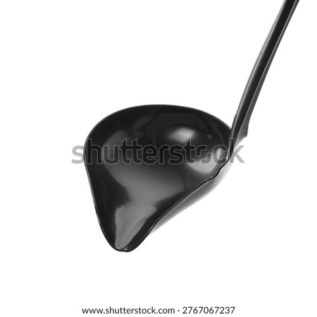 Close up black new plastic empty soup ladle isolated on white background, image, design element