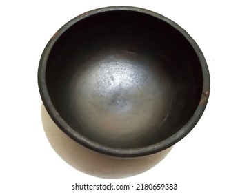 Close Up Black Pottery Bowl, Clay Pot Over White Background