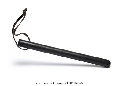 Close Up Of Black Short Police Rubber Truncheon Baton Stick With Leather Strip As Less Dangerous Weapon On White Background