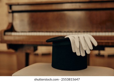 Close up of black top hat and gloves on piano chair with wooden piano in background as accessories waiting for pianist in classical setting, copy space - Powered by Shutterstock