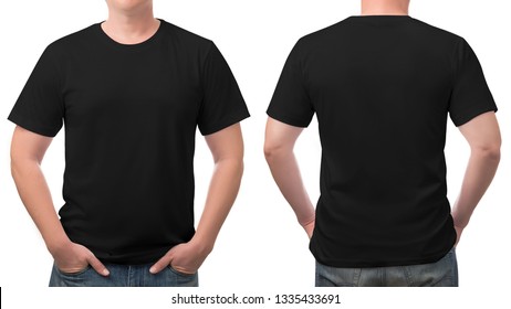 close up black t-shirt cotton man pattern isolated on white background.