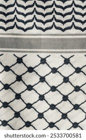close up of black and white fishnet pattern on Keffiyeh, Kaffiyeh, Kuffiyeh, Shemagh scarf