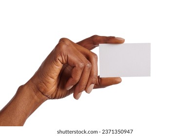 Close up of black woman hand holding blank placard against white background. African american girl hand showing blank visiting card isolated. Female hand showing business card. - Powered by Shutterstock