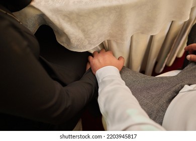 Close Up Black Woman And Man In Love Sitting On Couch Two People Holding Hands. Symbol Sign Sincere Feelings, Compassion, Loved One, Say Sorry. Reliable Person, Trusted Friend, True Friendship Concept