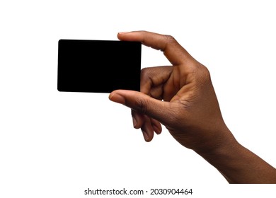 Close Up Of Black Woman's Hand Holding Empty Black Card. Studio Shot Isolated On White.