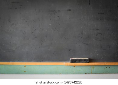 Close Up Of Blackboard With Eraser On Wooden Stand Green Wall Below Chalk Board Background