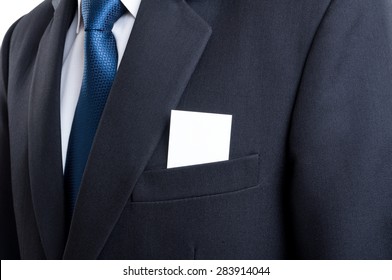 Close Up With Blank Business Card In Business Man Suit Jacket Pocket