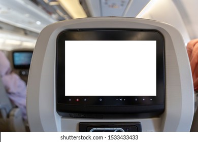 Close Up Blank Screen LCD Rear Seat On The Plane Technology For Entertainment. 