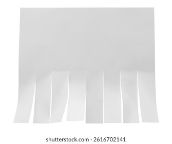 Close up of a blank white tear off advertisement with space for text, isolated on a white background.