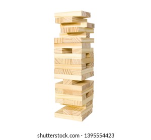 Close Up Blocks Wood Game Jenga, Isolated On White Background