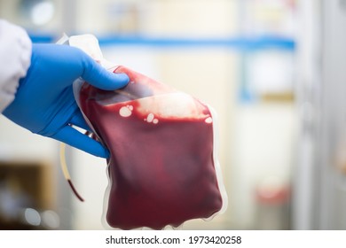 Close up Blood bag in blood bank laboratory.